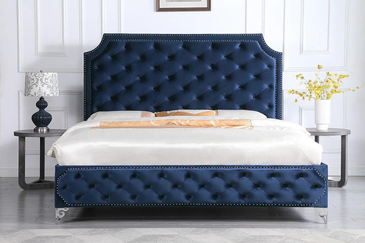 Leilah Blue Velvet Upholstered Tufted Platform Queen Bed - Image 1