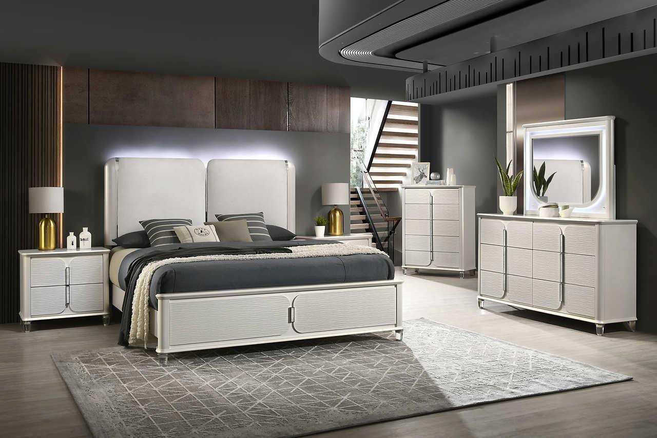 Amara Pearl White Upholstered LED Panel Bedroom Set - Image 1
