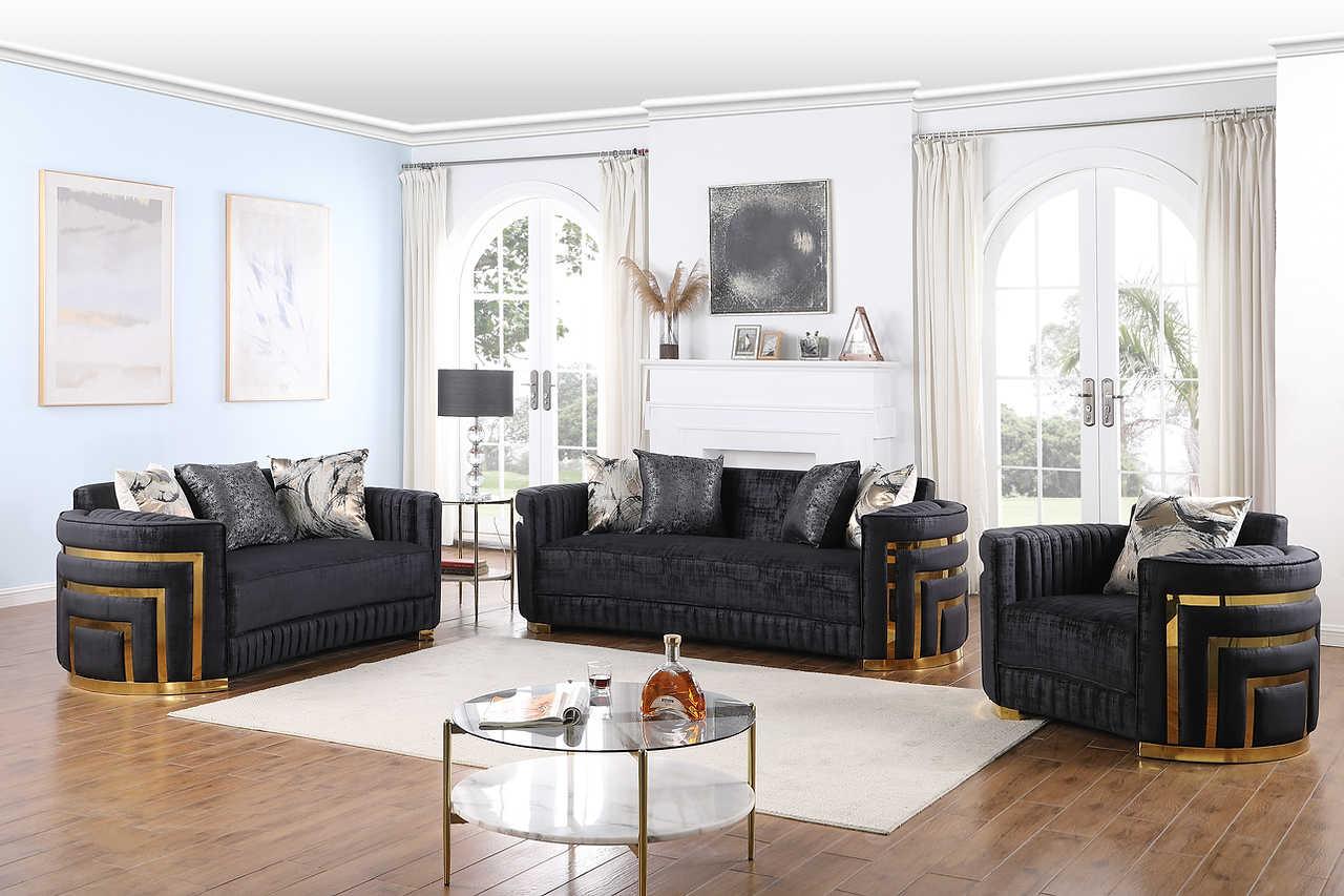 Minerva Black Velvet Living Room Set - Image 1