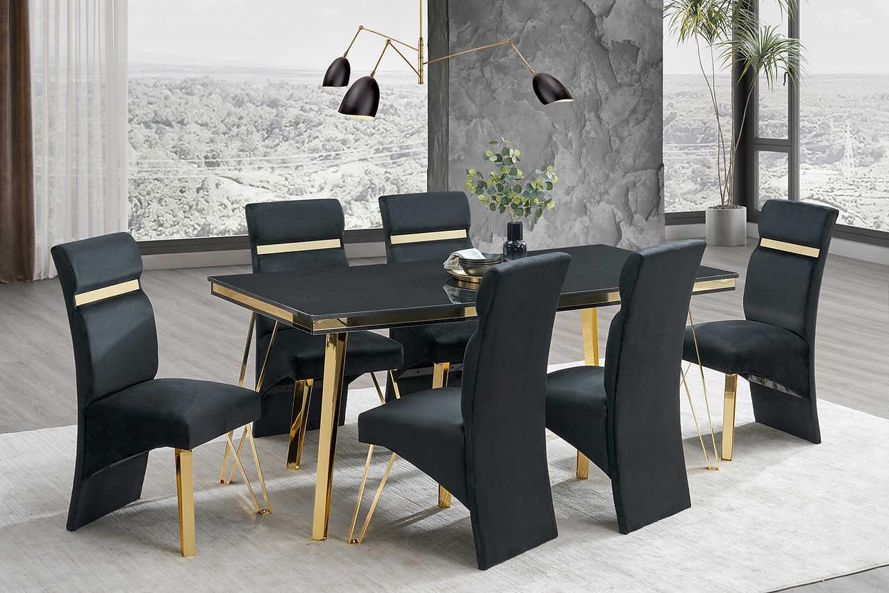 Midnight Black Gold Upholstered Dining Room Set - Image 1