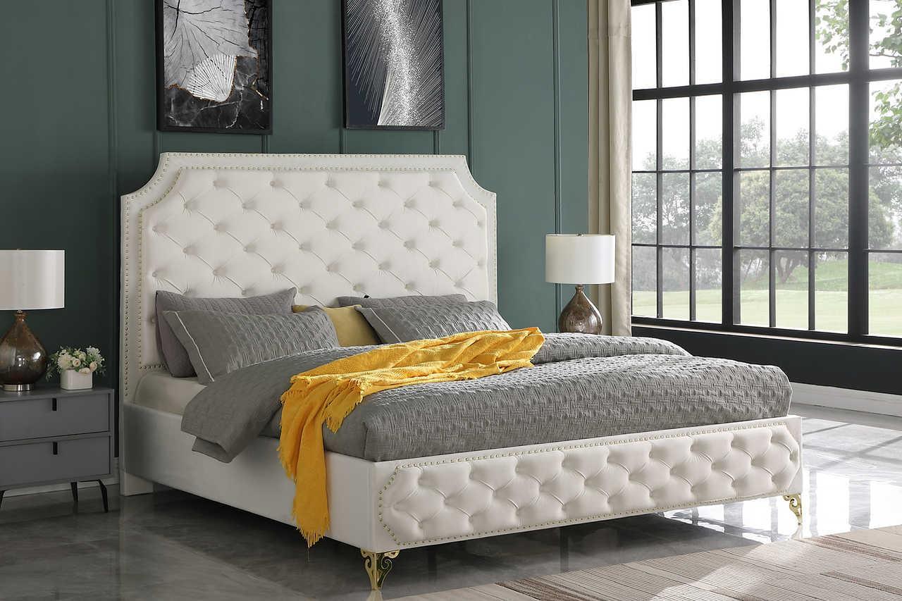 Leilah Cream Velvet Upholstered Tufted Platform King Bed - Image 2