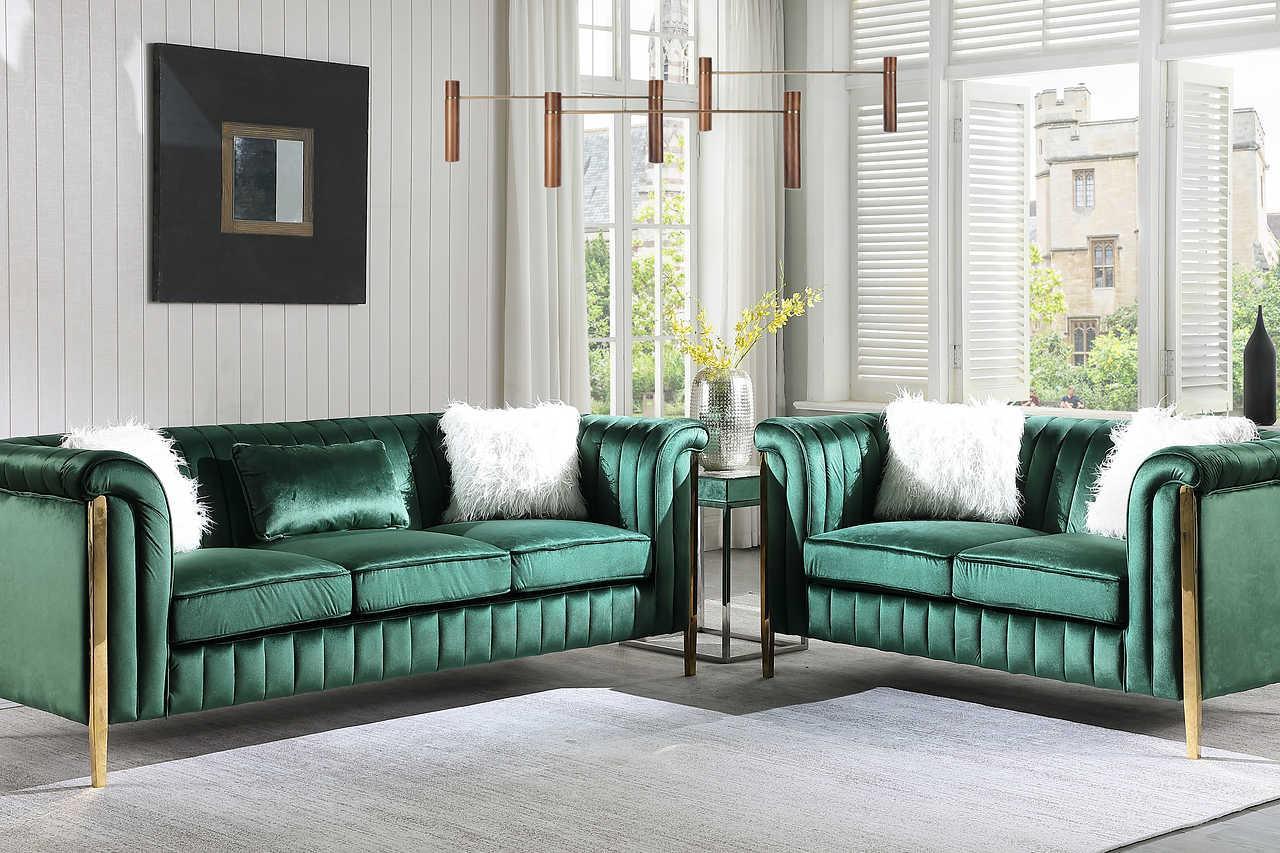 Fara Green Gold Velvet 2-Piece Living Room Set - Image 1