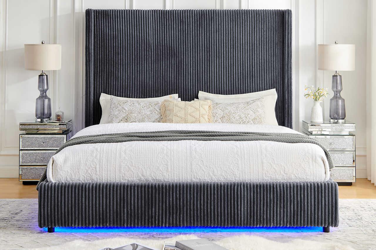 Belinda Grey LED Upholstered Platform King Bed - Image 1