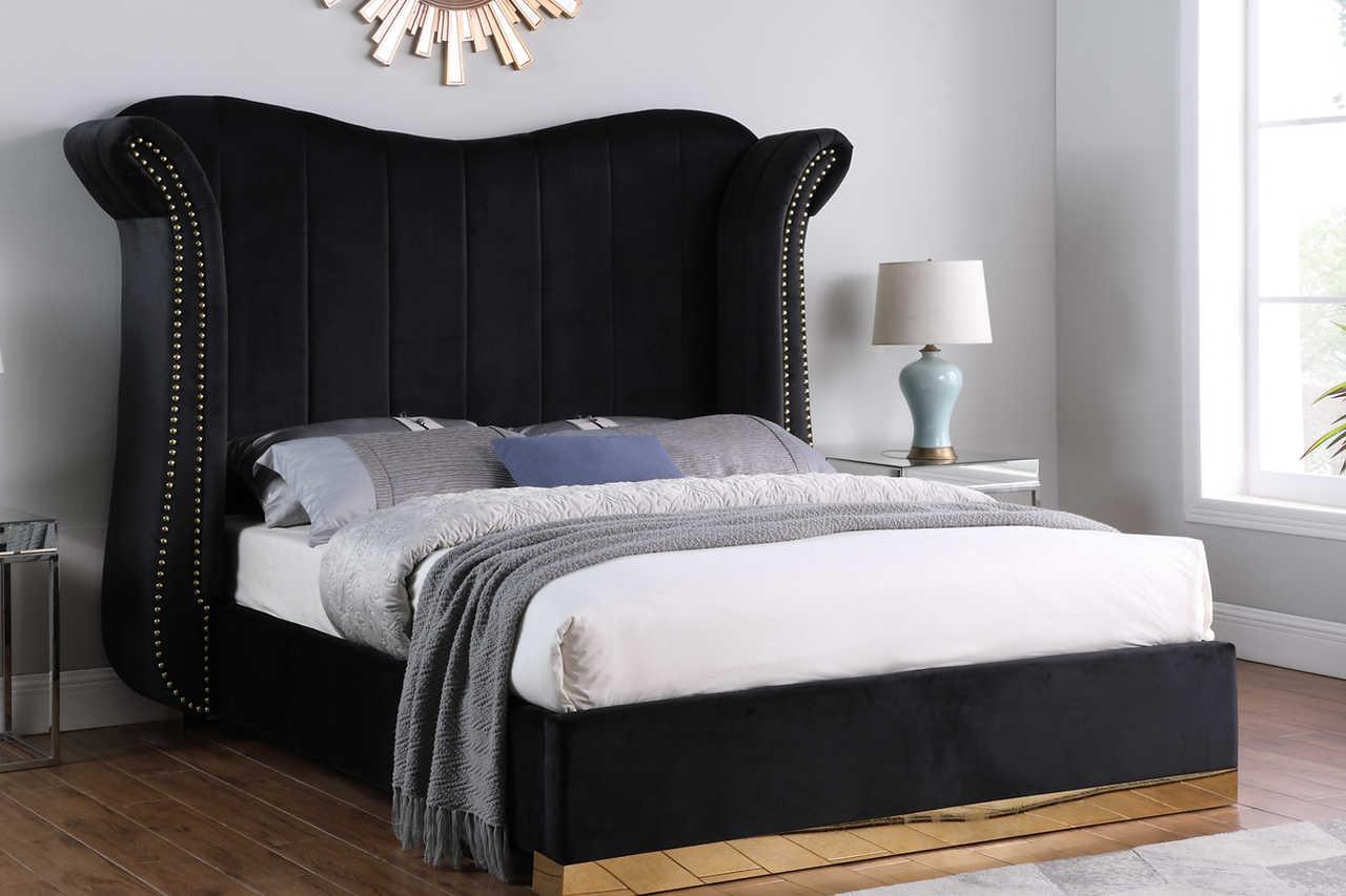 Luna Black Gold 66"H Velvet Upholstered Platform Queen Bed - Image 1
