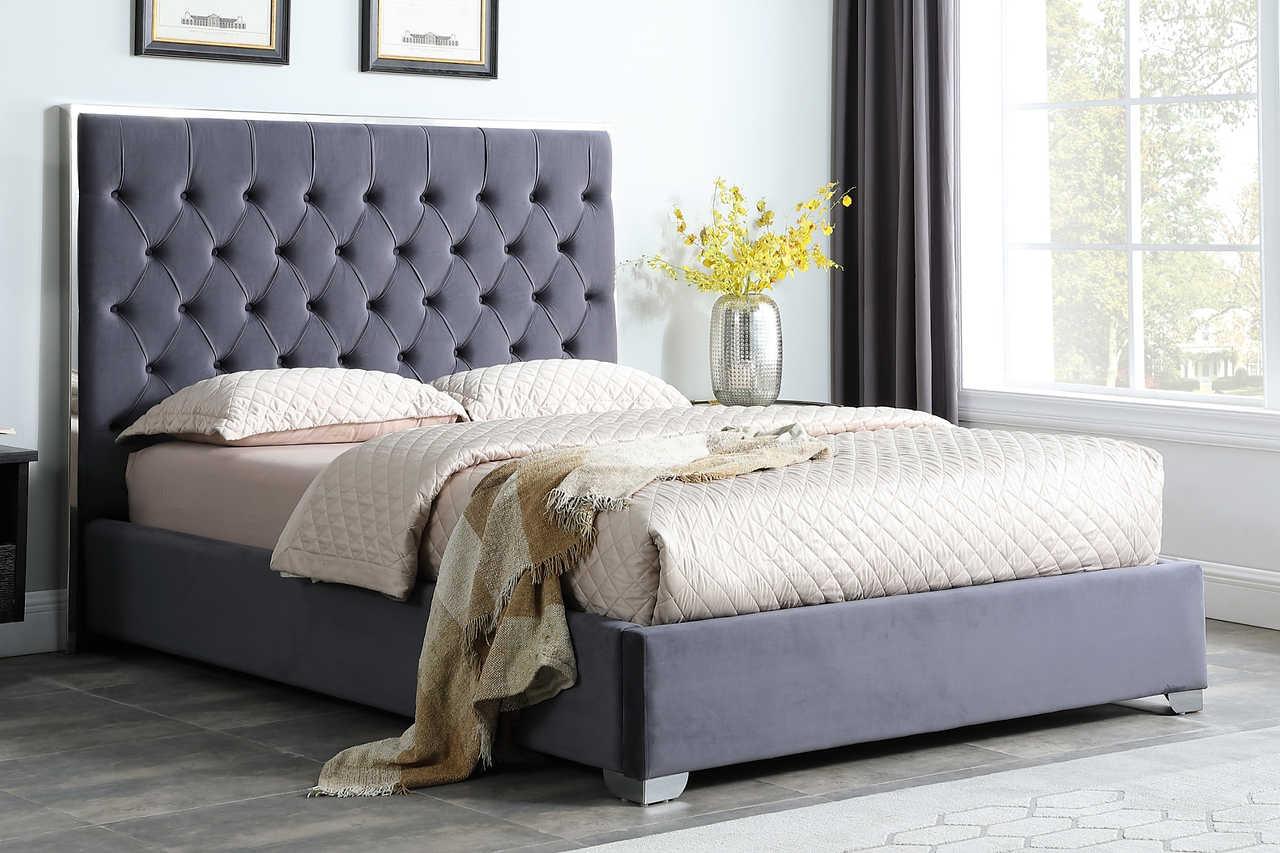 Rose Gray Chrome 55"H Velvet Upholstered Tufted Platform Queen Bed - Image 1
