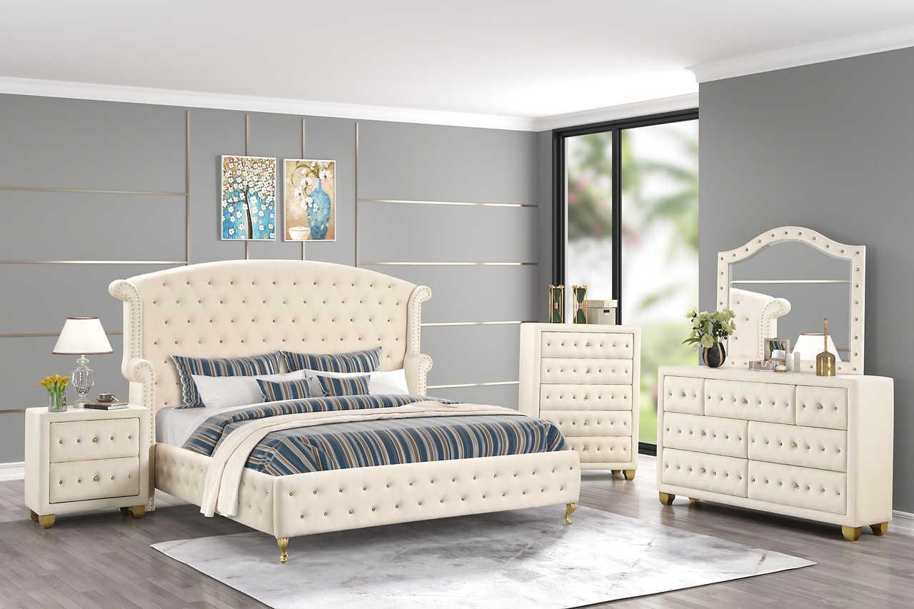Olivia Beige Upholstered Tufted Wingback Platform King Bed - Image 2