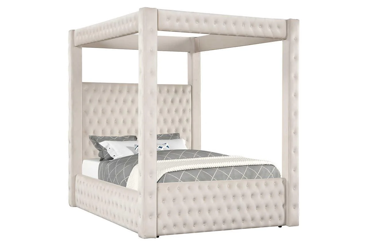 Mansion Beige Upholstered Tufted Canopy Platform Queen Bed - Image 3