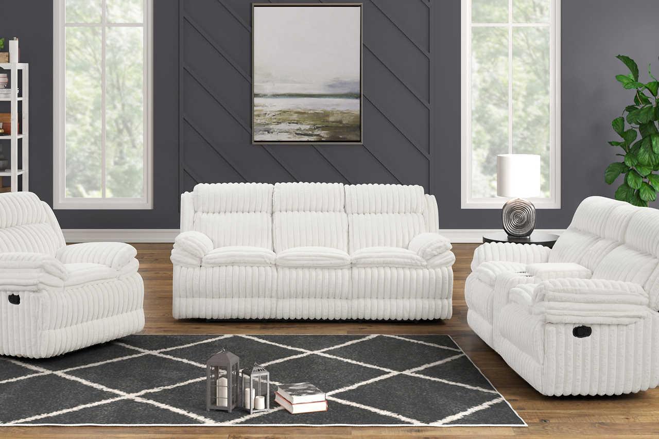 Melow White Fabric 3-Piece Reclining Set - Image 2