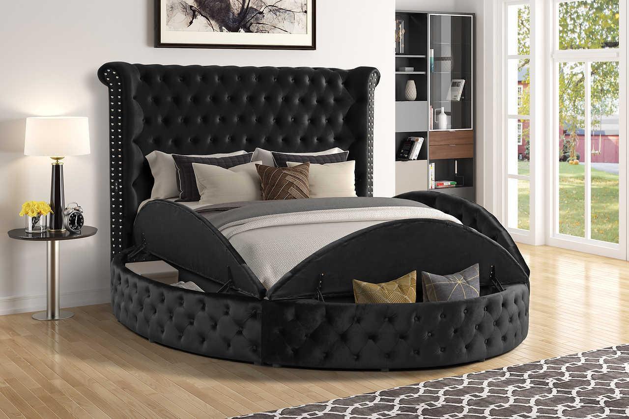 Lux II Black Velvet Upholstered USB Platform Queen Bed - Image 1
