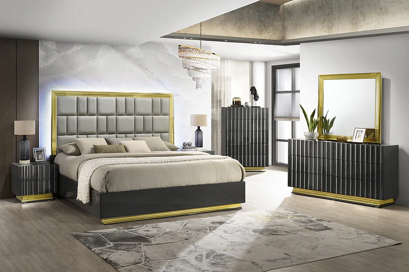 Mona Grey Gold Upholstered Platform Bedroom Set - Image 1