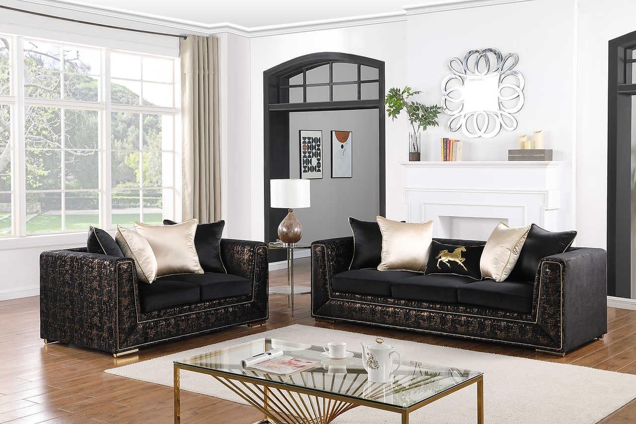 Konya Black Gold Velvet Living Room Set - Image 2