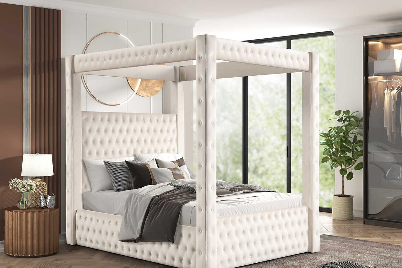 Mansion Beige Upholstered Tufted Canopy Platform Queen Bed - Image 1
