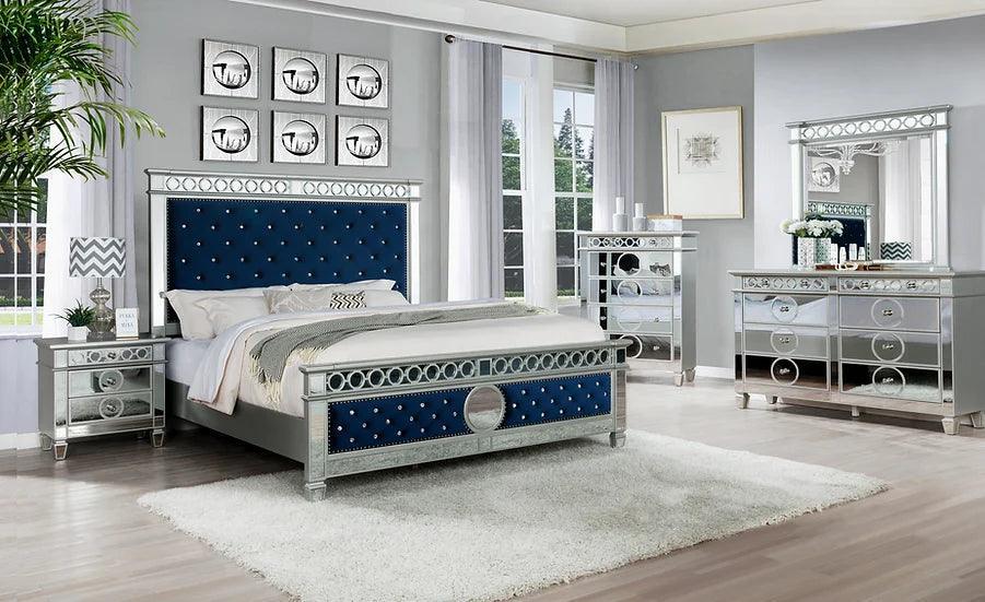 Bell Silver Navy Blue Velvet Upholstered Tufted Panel Bedroom Set - Image 1