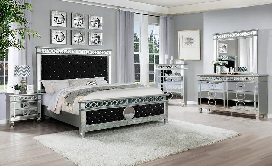 Bell Black Silver Velvet Upholstered Tufted Panel Bedroom Set - Image 1