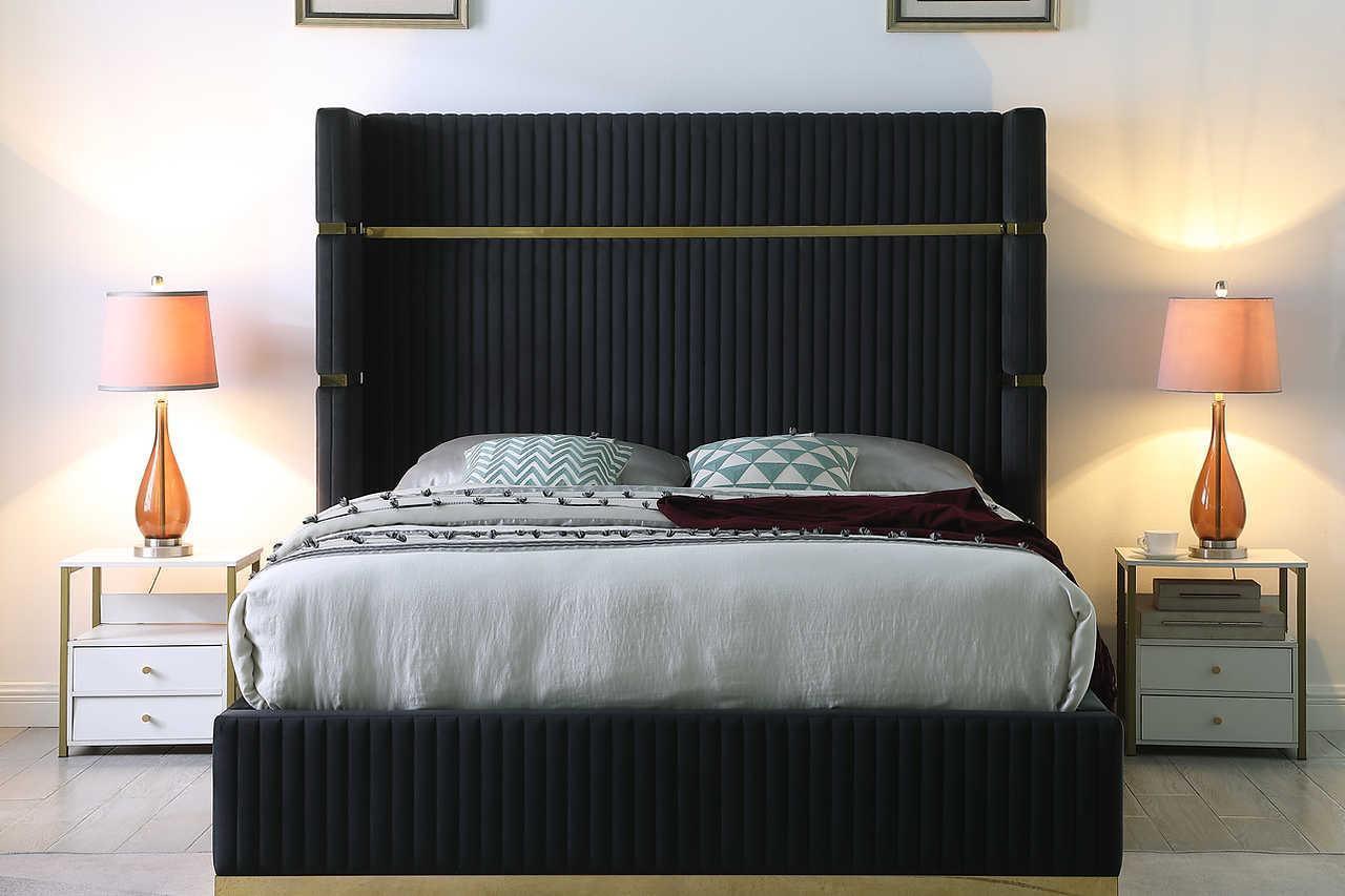 Aspen Black Velvet Upholstered Platform Queen Bed - Image 1