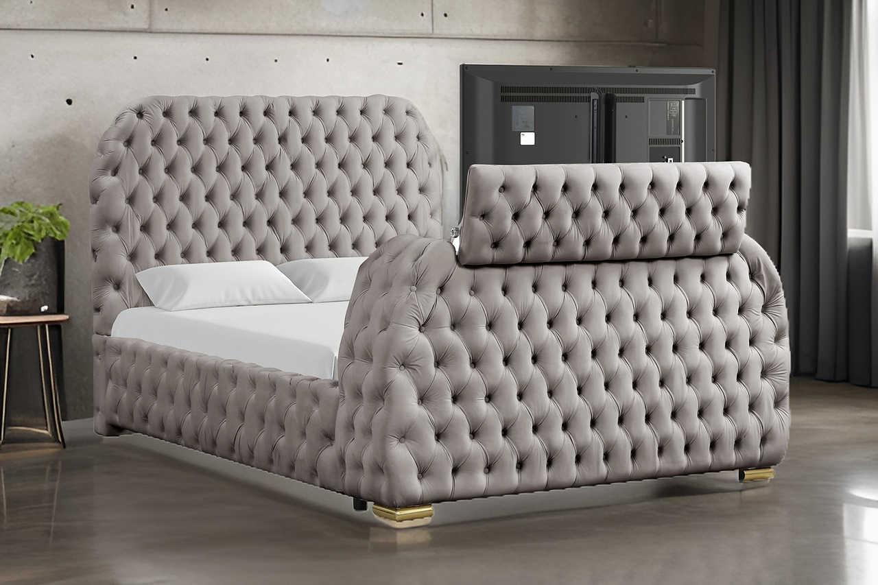 Royal Gray Upholstered Tufted Platform Queen Bed - Image 1
