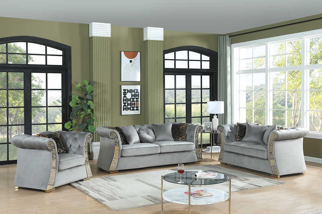 Curamo Grey Velvet Living Room Set - Image 1