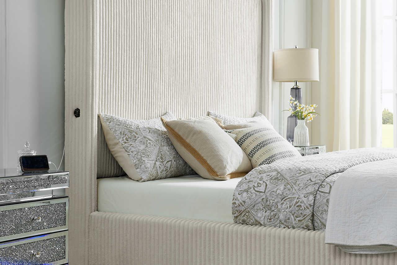 Belinda Beige LED Upholstered Platform Queen Bed - Image 3