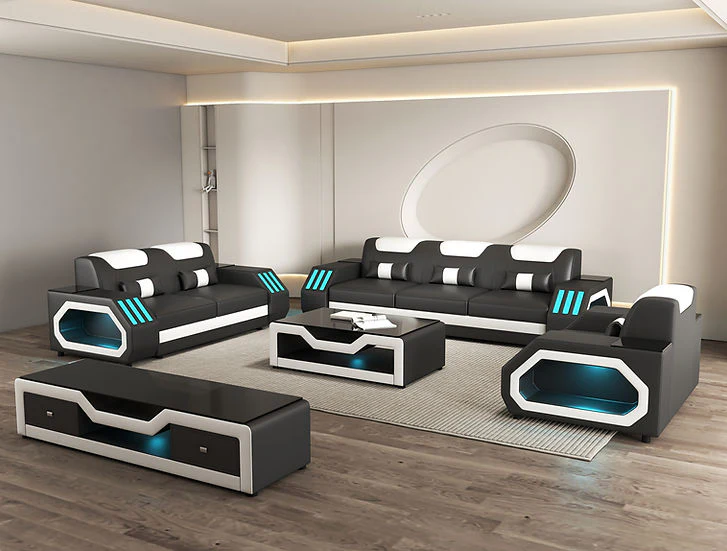 Matrix Black White Faux Leather Living Room Set