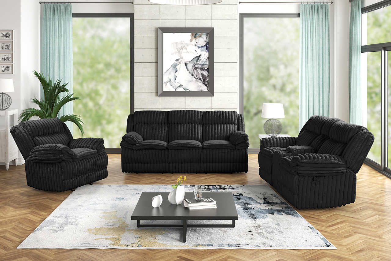 Mellow Black Thick Stripe Fabric 3-Piece Reclining Set - Image 2