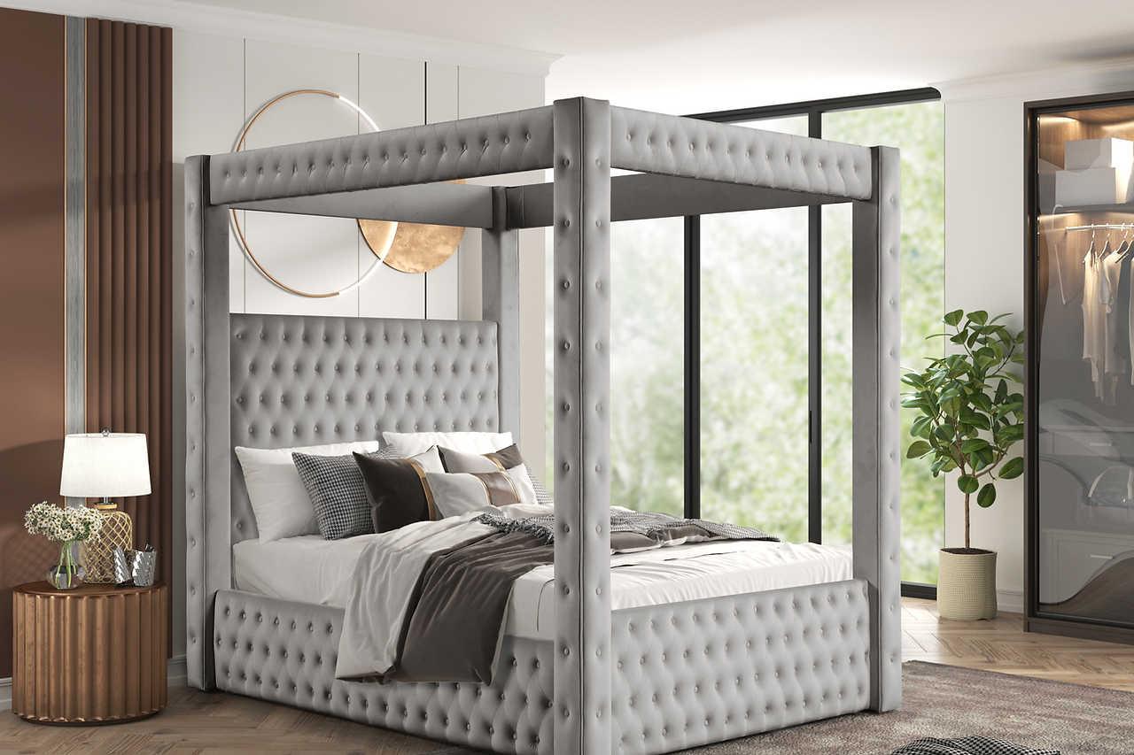 Mansion Gray Upholstered Tufted Canopy Platform King Bed - Image 1