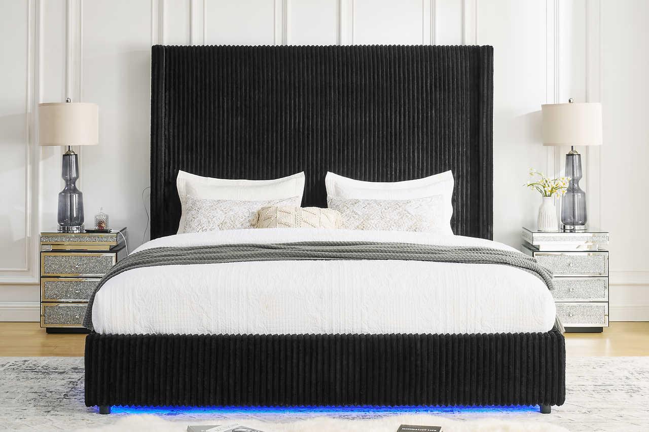 Belinda Black LED Upholstered Platform King Bed - Image 1