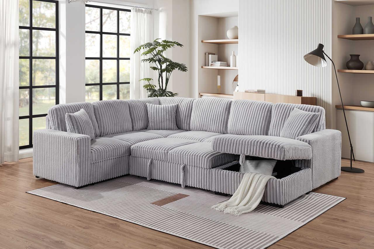Raha Gray Soft Fabric Storage Sectional with Pull Out Bed - Image 1