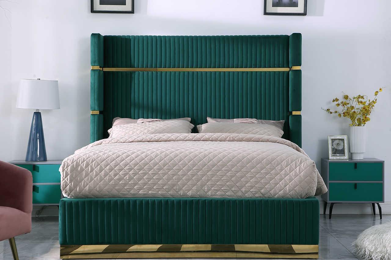 Aspen Green Velvet Upholstered Platform Queen Bed - Image 1
