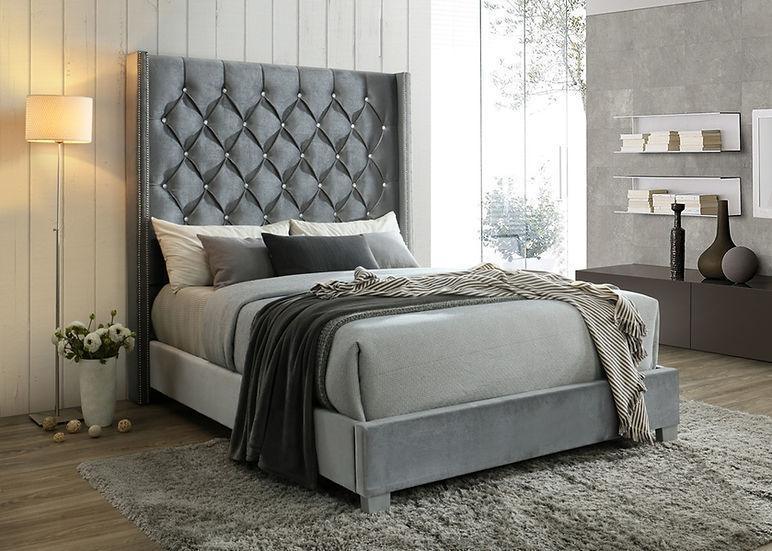 Beverly Gray Velvet Upholstered Tufted Panel Queen Bed - Image 1