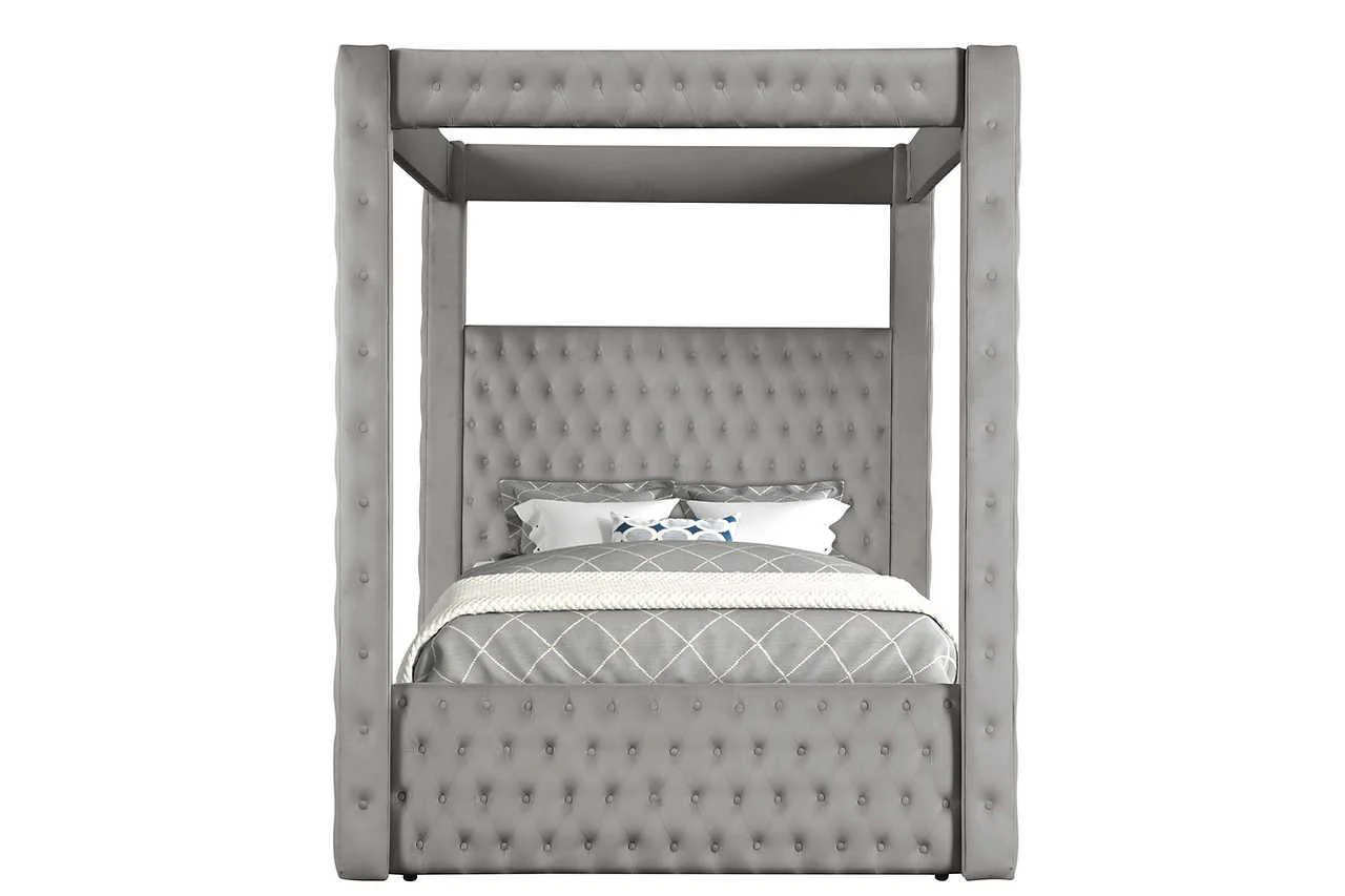 Mansion Gray Upholstered Tufted Canopy Platform Queen Bed - Image 2
