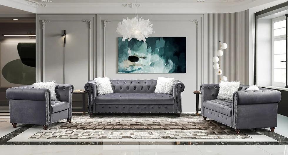 Milan Gray Velvet Tufted Living Room Set - Image 1