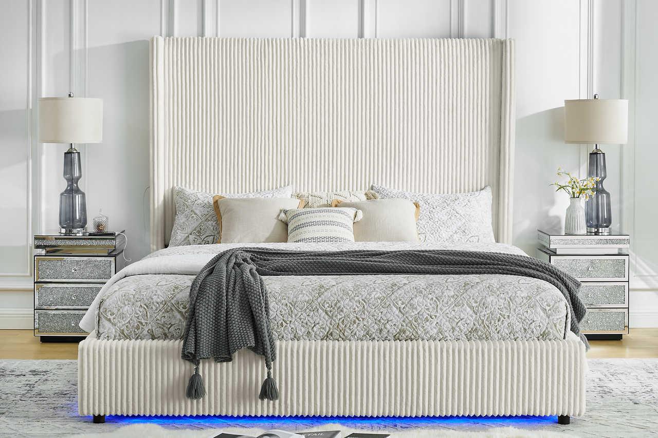 Belinda Beige LED Upholstered Platform Queen Bed - Image 1