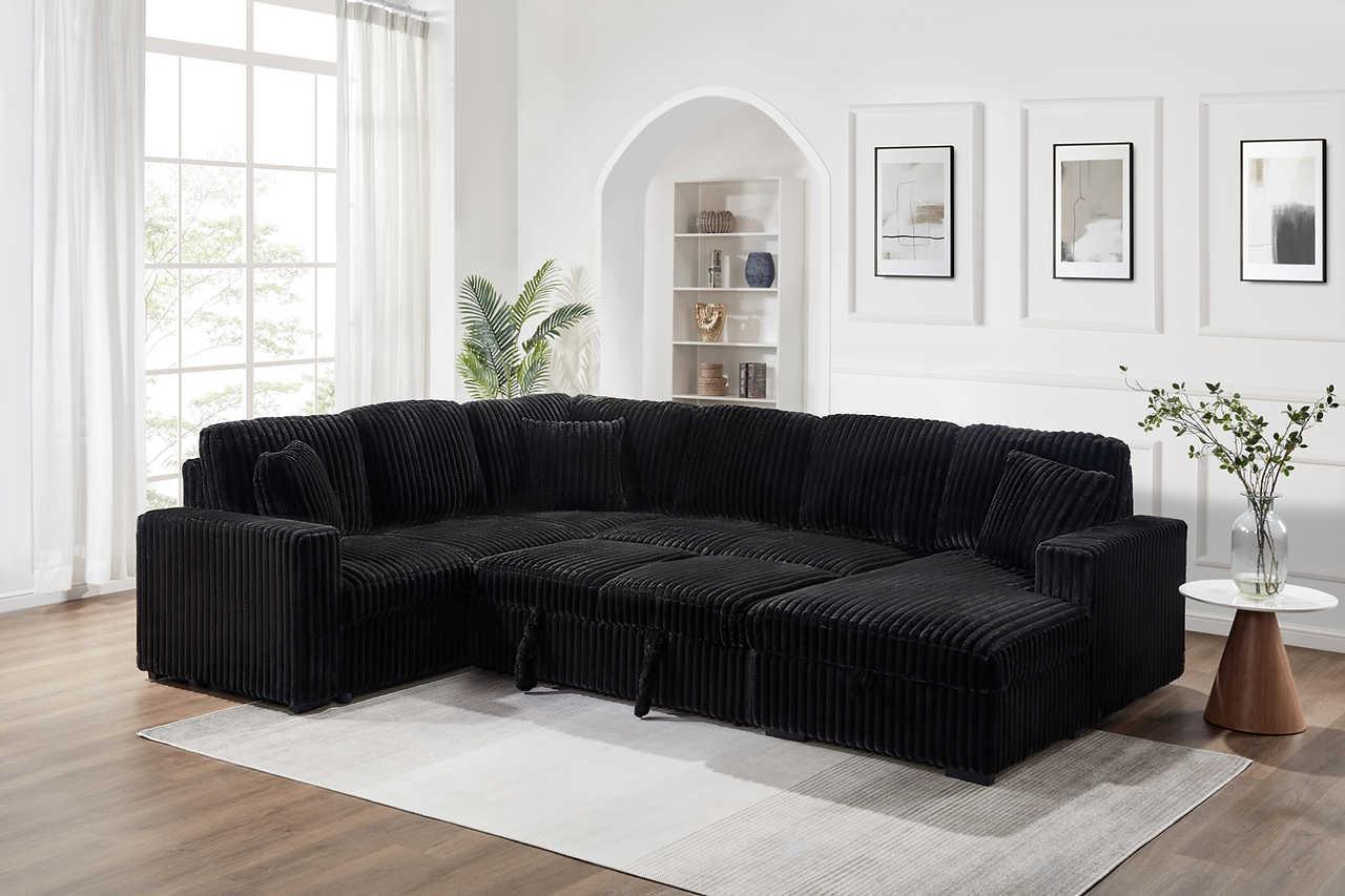 Raha Black Soft Fabric Storage Sectional with Pull Out Bed - Image 2
