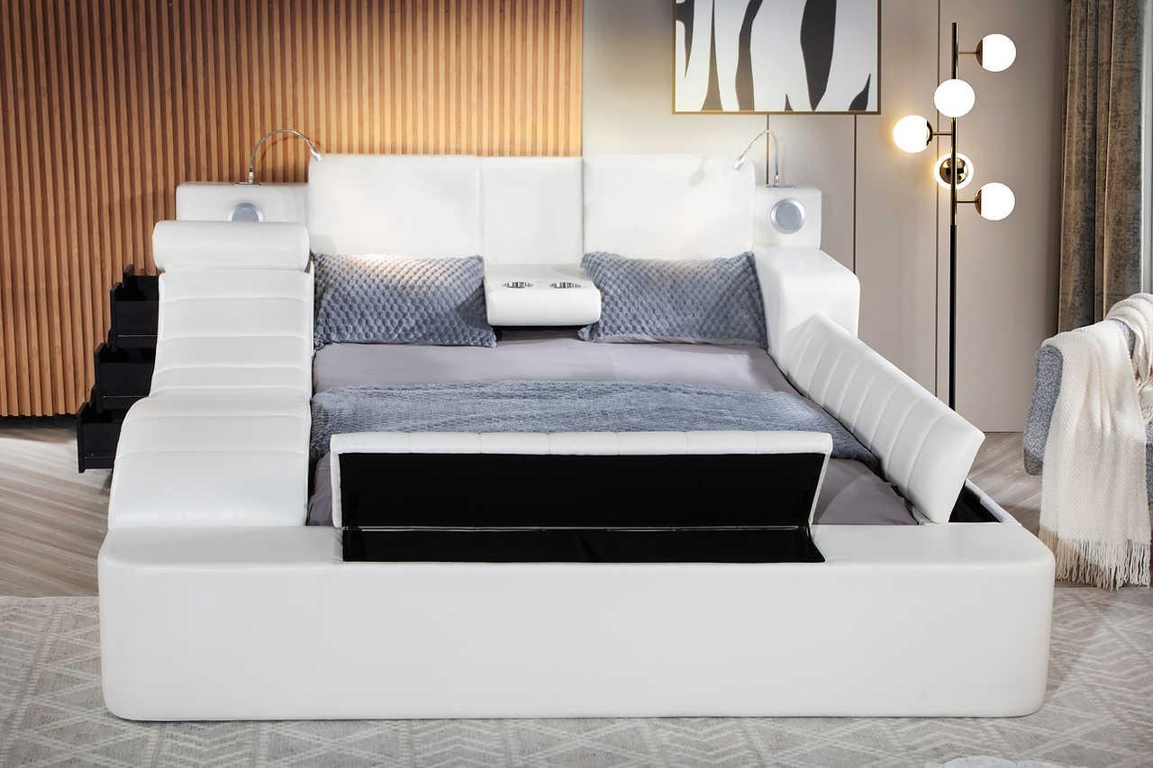 Apollo White Upholstered Storage LED Platform Queen Bed - Image 1
