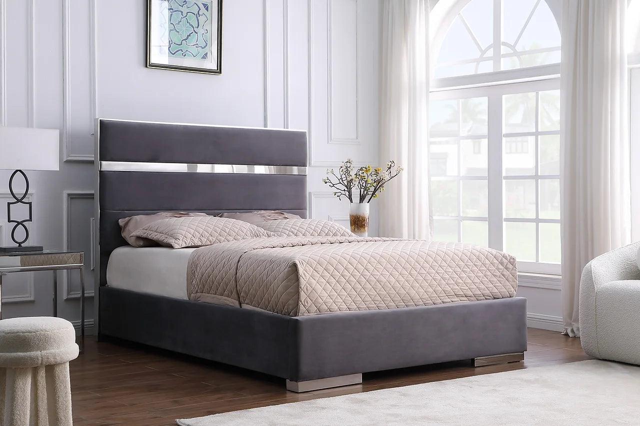 Cartier Gray Gold Velvet Upholstered Platform Queen Bed - Image 1