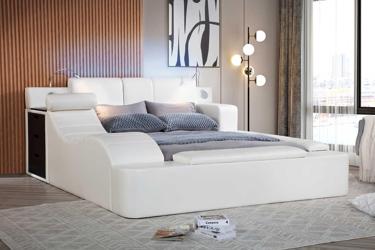 Apollo White Upholstered Storage LED Platform King Bed - Image 2