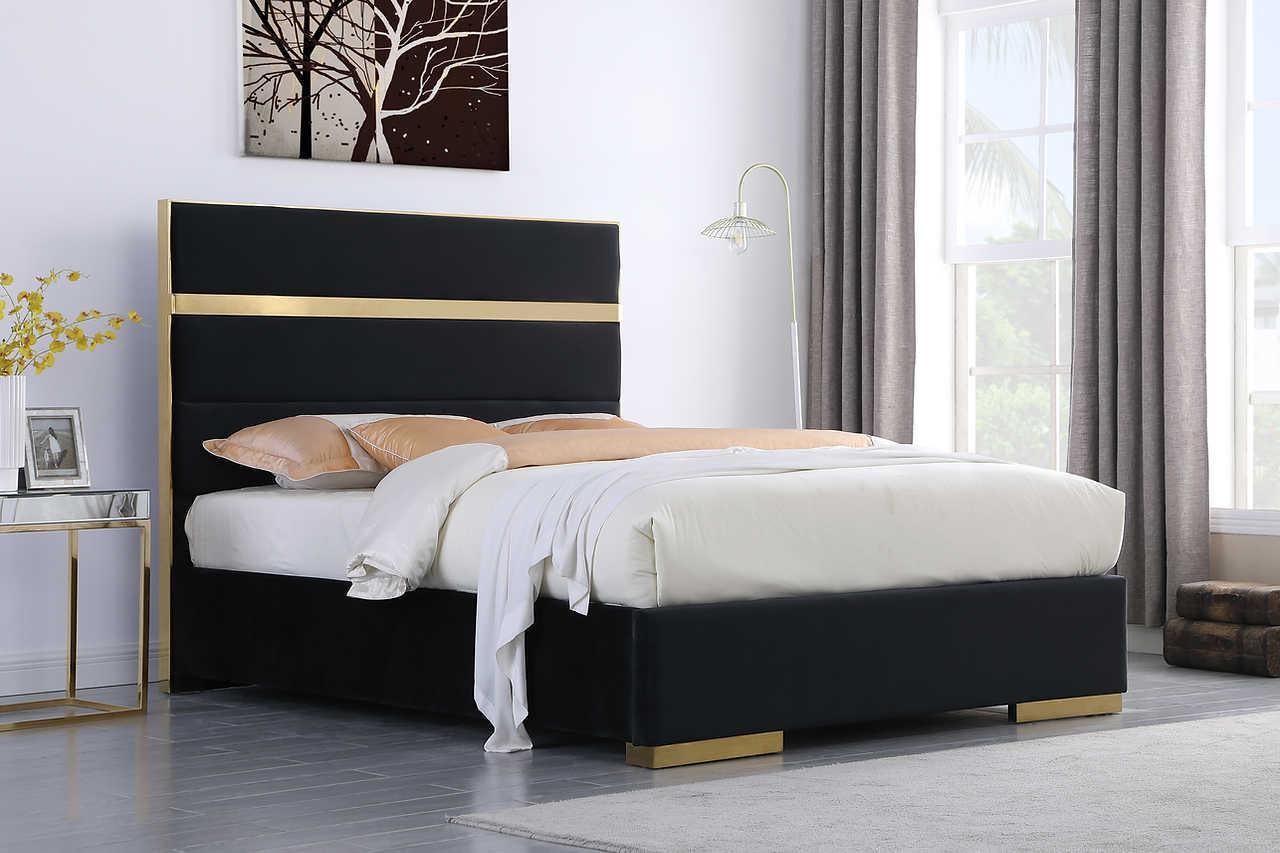 Cartier Black Gold Velvet Upholstered Platform Queen Bed - Image 1
