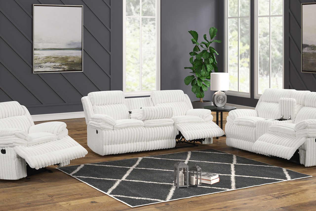 Melow White Fabric 3-Piece Reclining Set - Image 1