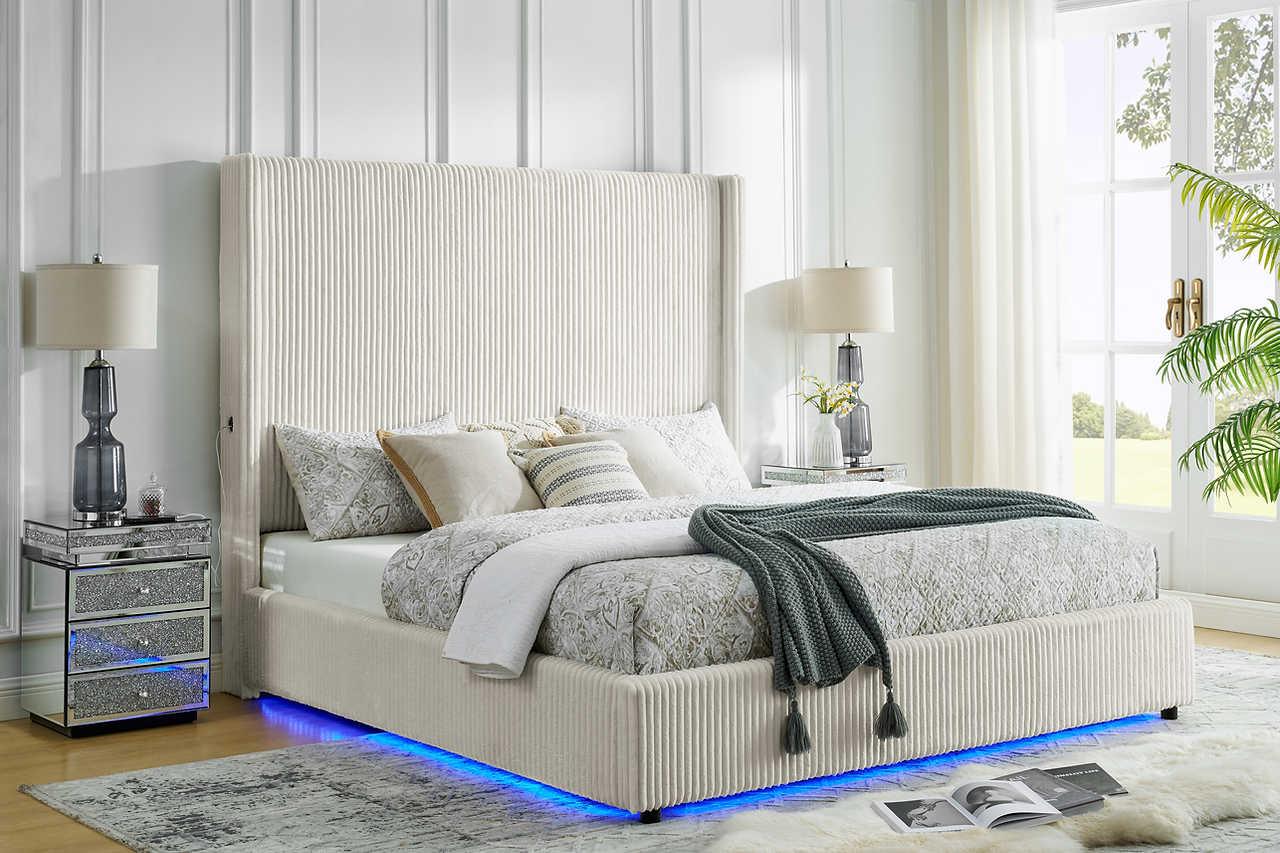 Belinda Beige LED Upholstered Platform King Bed - Image 2