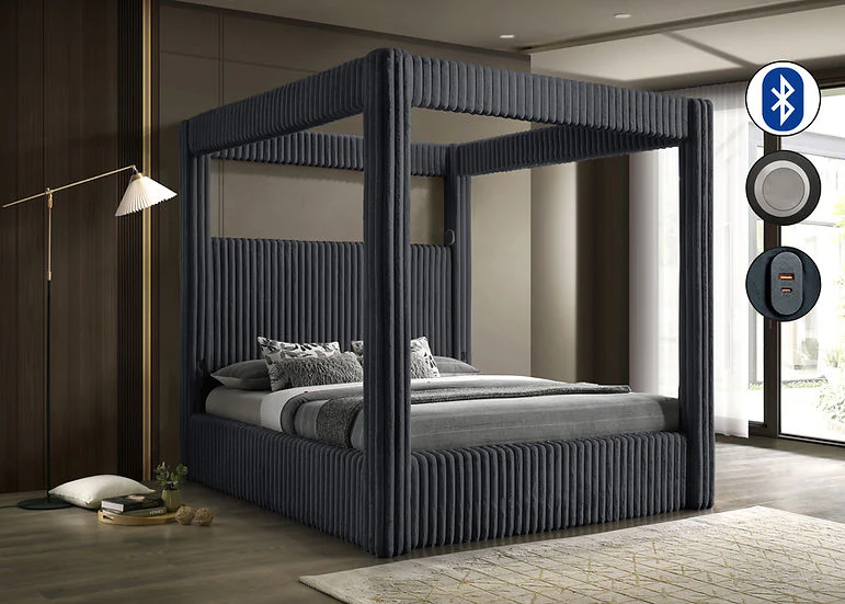 Atlam Grey Upholstered Canopy Platform Queen Bed - Image 1