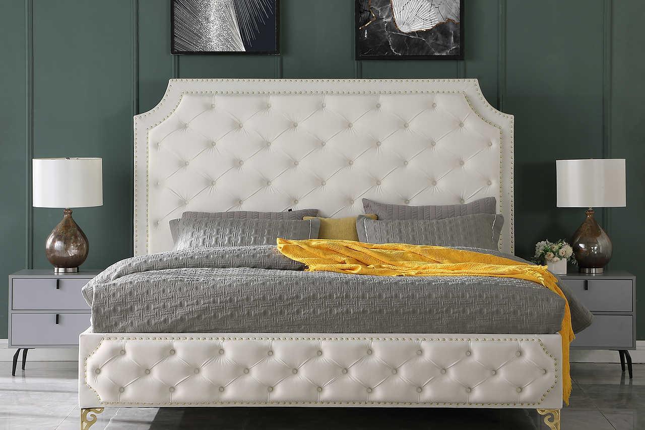 Leilah Cream Velvet Upholstered Tufted Platform King Bed - Image 1