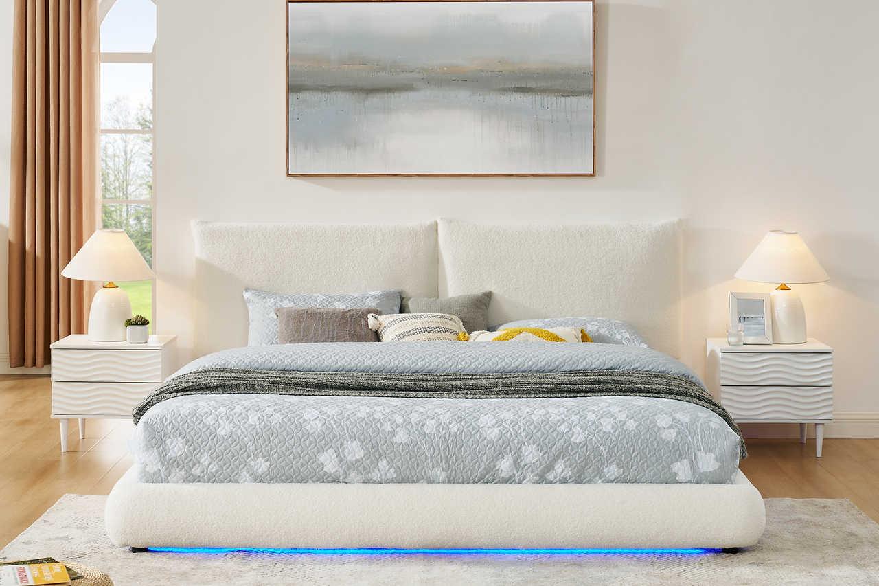 Zima White LED Upholstered Platform King Bed - Image 1