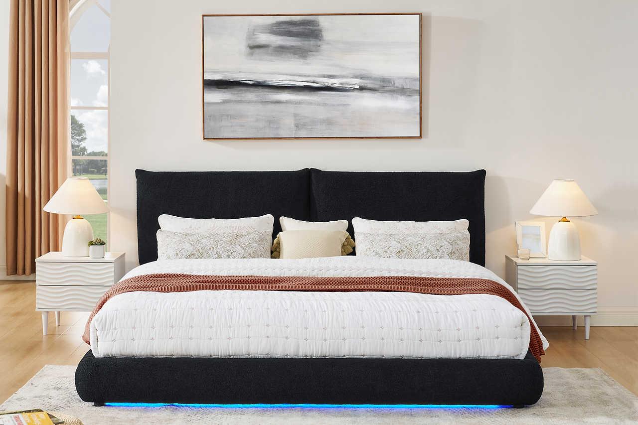 Zima Black LED Upholstered Platform Queen Bed - Image 1