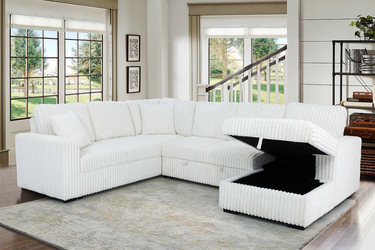 Raha Beige Soft Fabric Storage Sectional with Pull Out Bed - Image 3