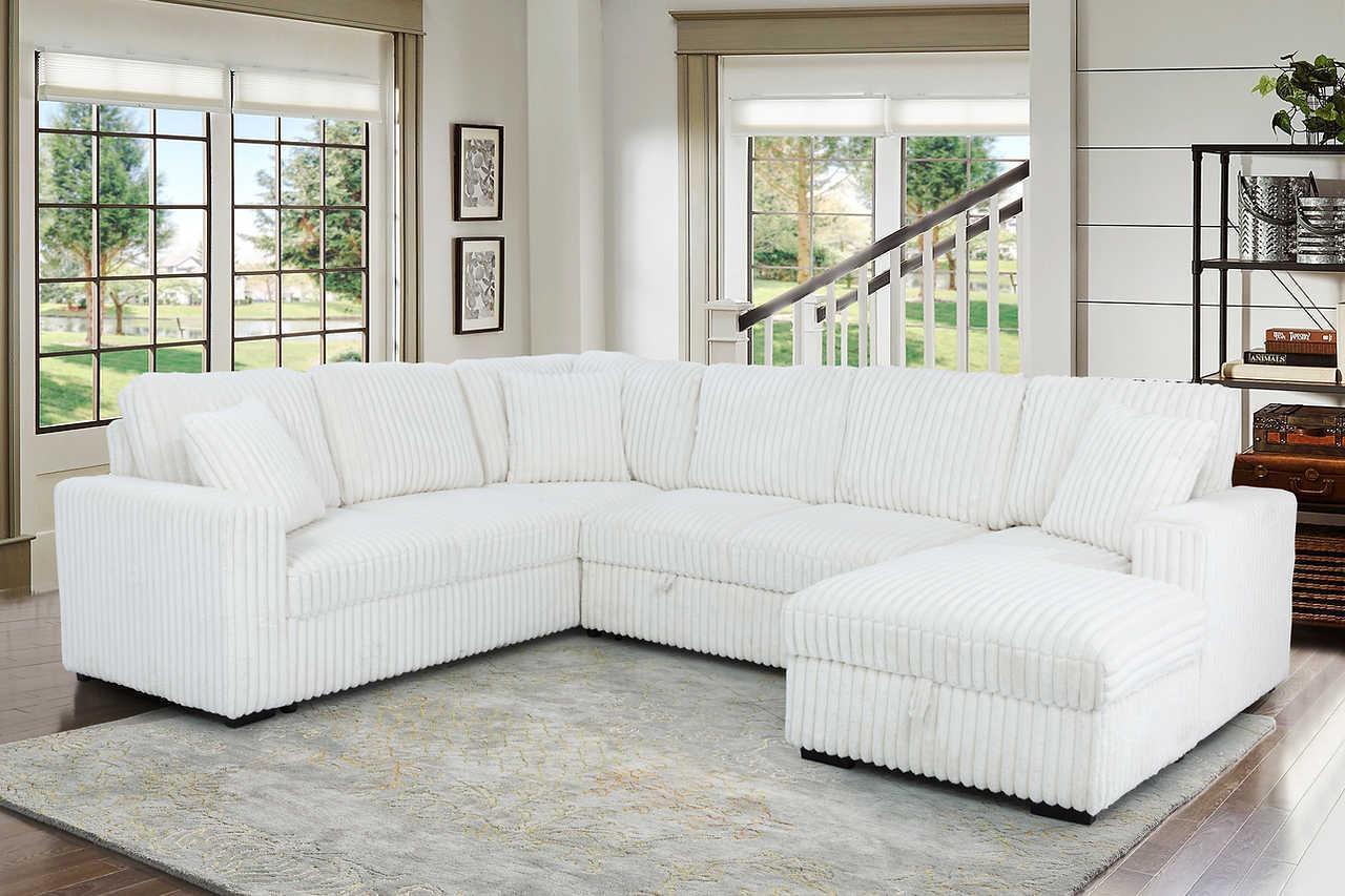 Raha Beige Soft Fabric Storage Sectional with Pull Out Bed - Image 1