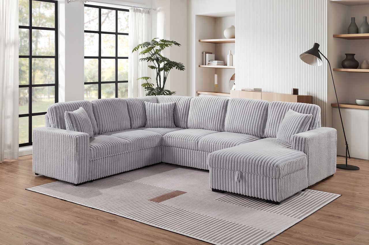 Raha Gray Soft Fabric Storage Sectional with Pull Out Bed - Image 3