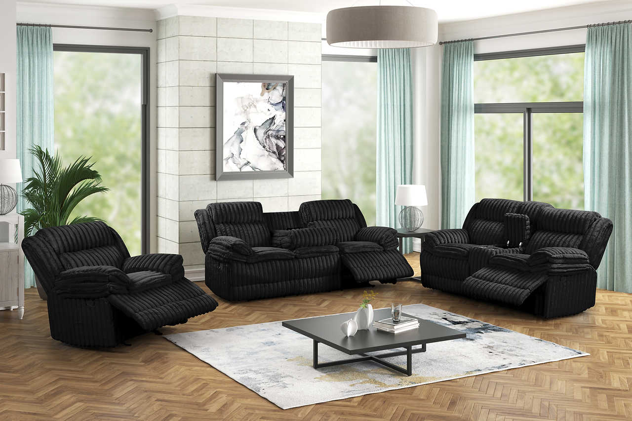 Mellow Black Thick Stripe Fabric 3-Piece Reclining Set - Image 1