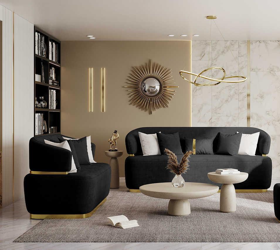 Eden Black Gold Velvet 2-Piece Living Room Set - Image 1