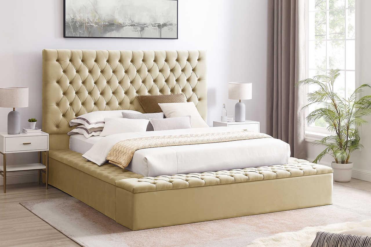 Cataline Dark Beige Velvet Upholstered Tufted Storage Platform Queen Bed - Image 1