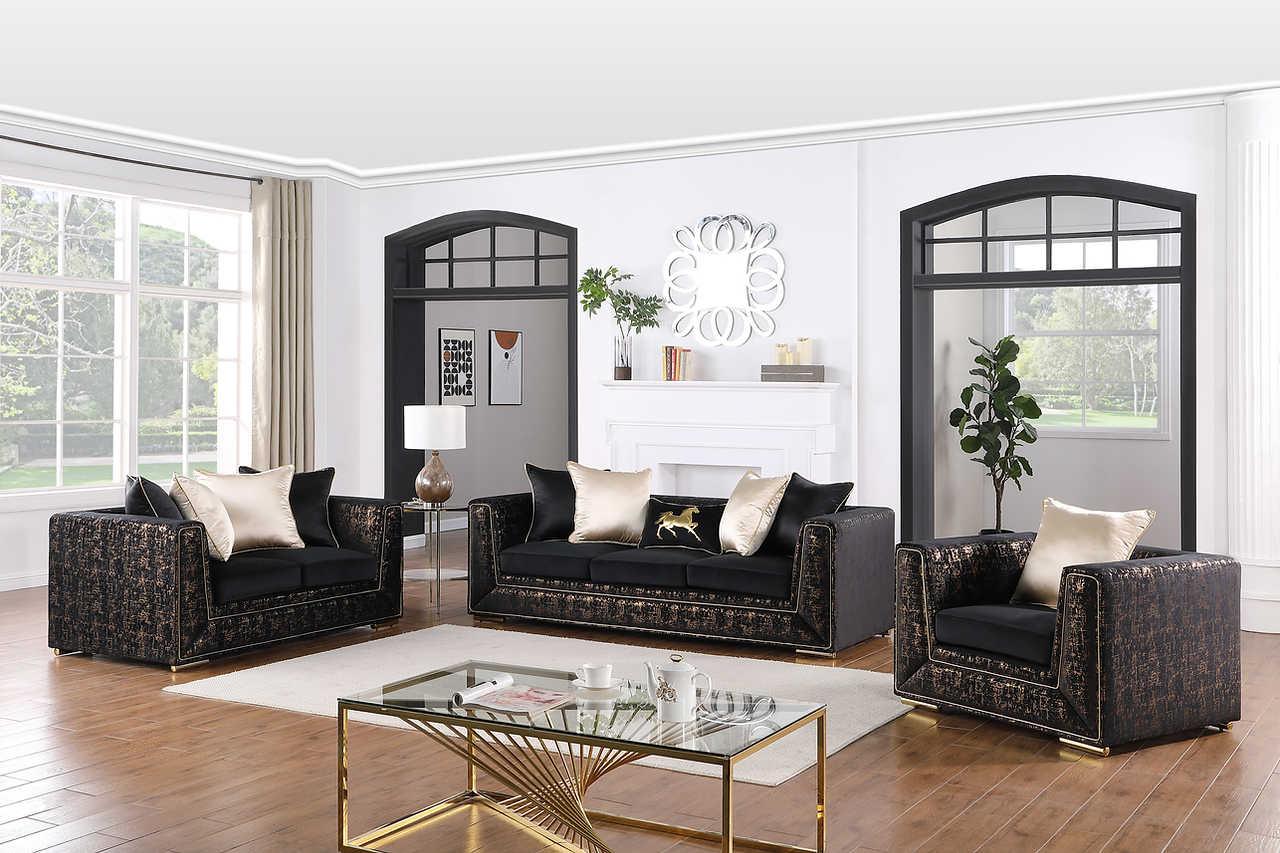 Konya Black Gold Velvet Living Room Set - Image 1